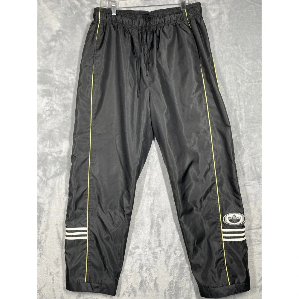 Adidas Vintage Track Pants Black Yellow Piping Stripe Snap Cuffs Lined Mens XL